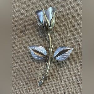 Vintage Silver And Gold Tone Long Stem Rose Bud Flower Brooch